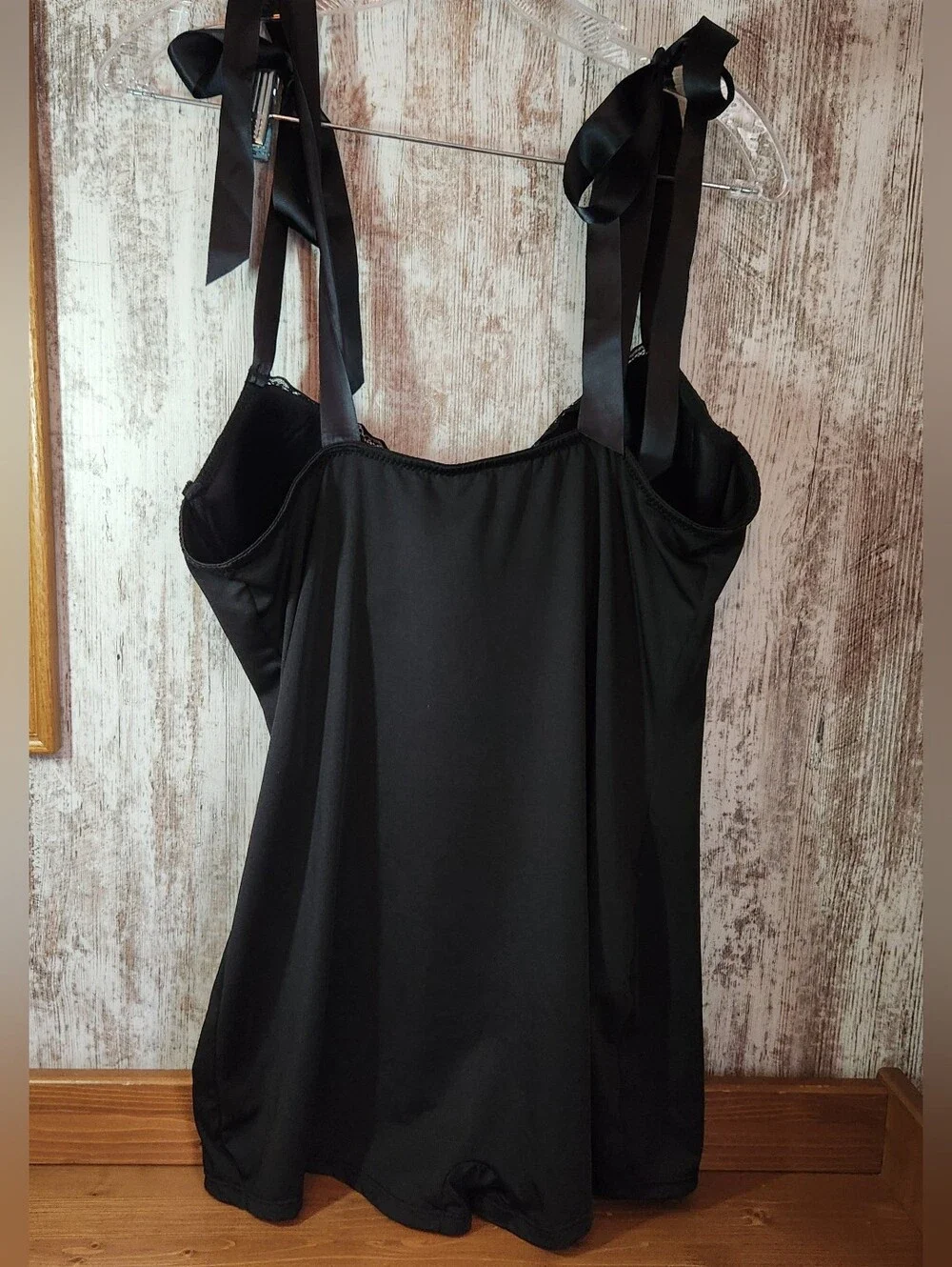 Black Satin & Lace Bustier Camisole with Ribbon Straps Sexy Witch Vibes Size L